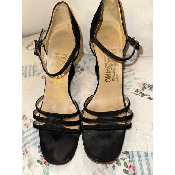 SALVATORE FERRAGAMO SUEDE WEDGE STRAPPY SANDALS W/ RHINESTONE BUCKLES 7.5N - Picture 3 of 6